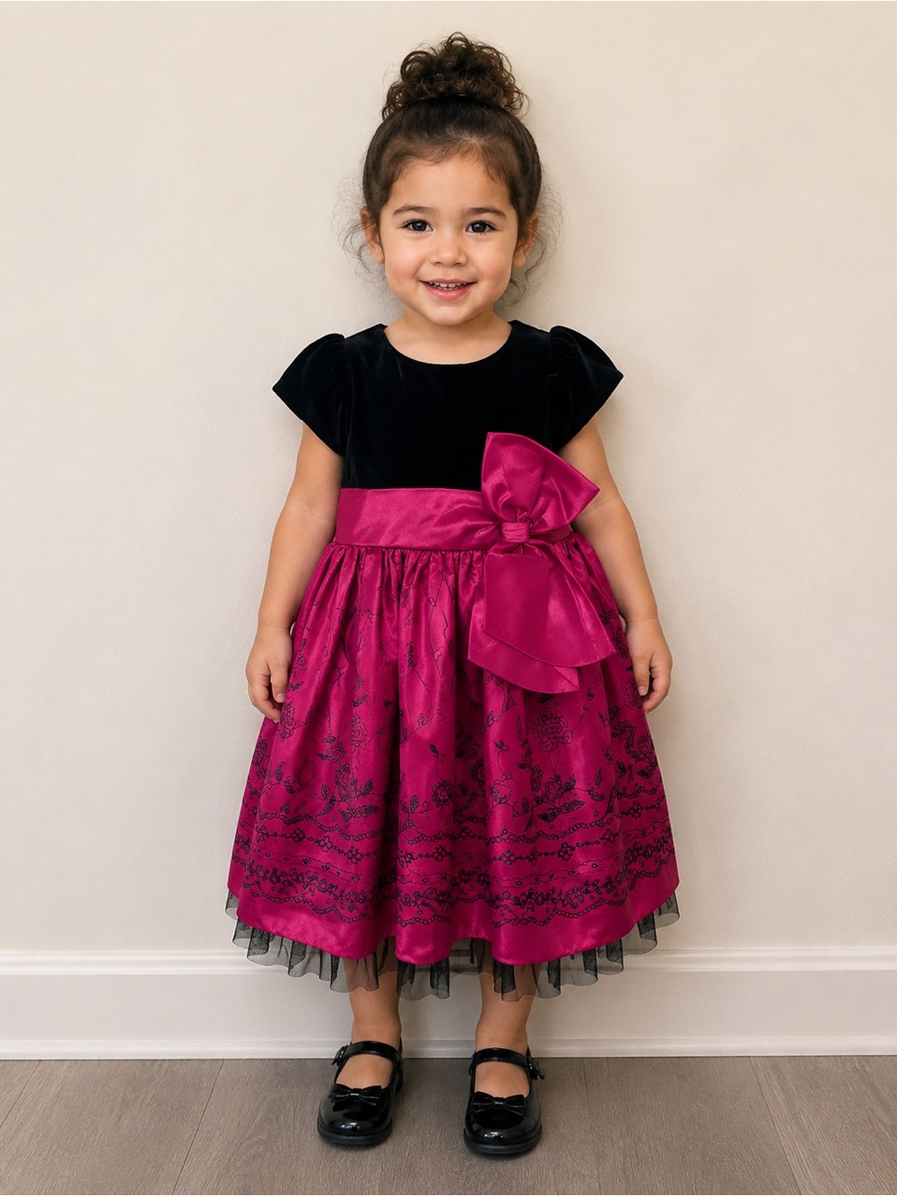 Jona Michelle Black Velvet & Fuchsia Satin Party Princess Dress with Bow SZ 3T
